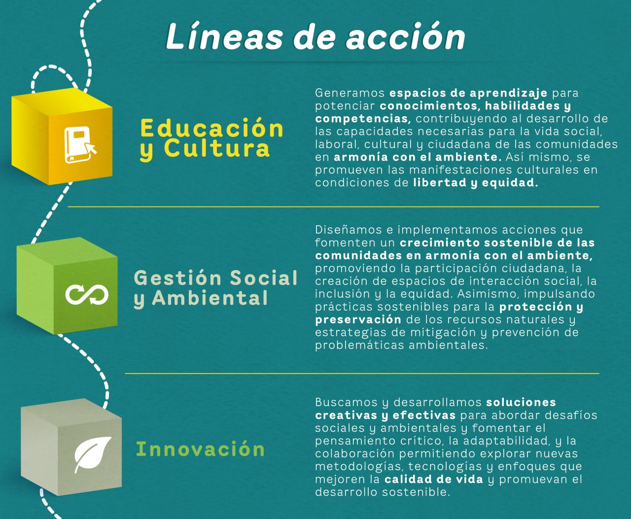 Infografía de las líneas de acción de la Fundación EPM: Educación y Cultura, Gestión Social y Ambiental, e Innovación, con descripciones de cada enfoque.