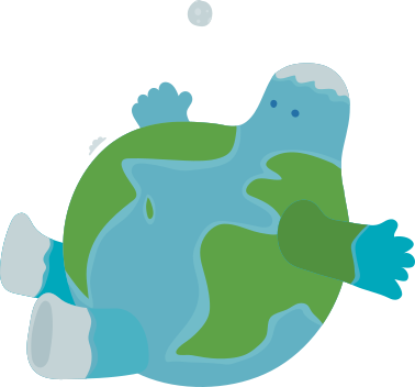 Ilustración del planeta Tierra con brazos y rostro, que simboliza el cuidado del medio ambiente.