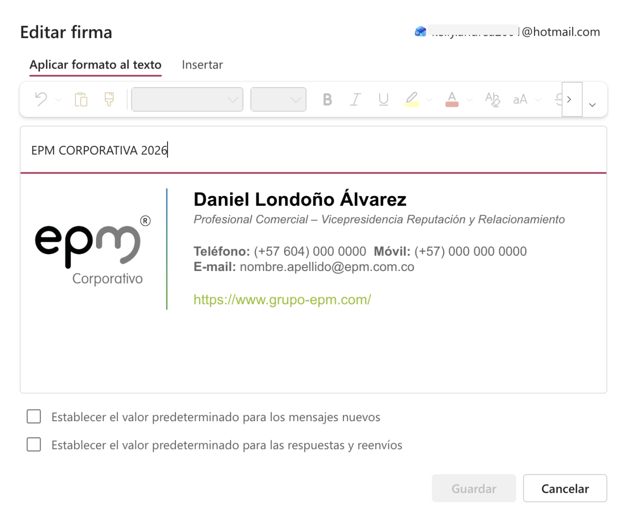 Captura de pantalla de la configuración de firma EPM