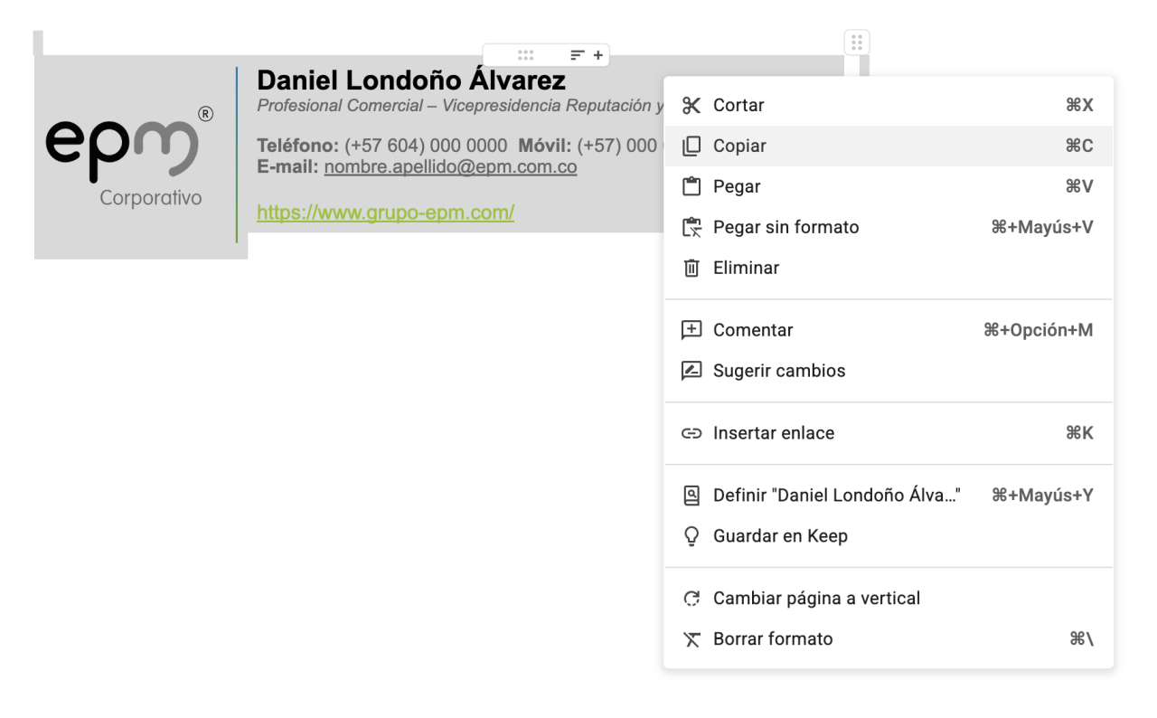 Imagen de una firma de correo electrónico con el nombre 'Margarita María Olarte Gil' y detalles de contacto. Muestra opciones de menú en Word, incluyendo la opción 'Copiar' resaltada.