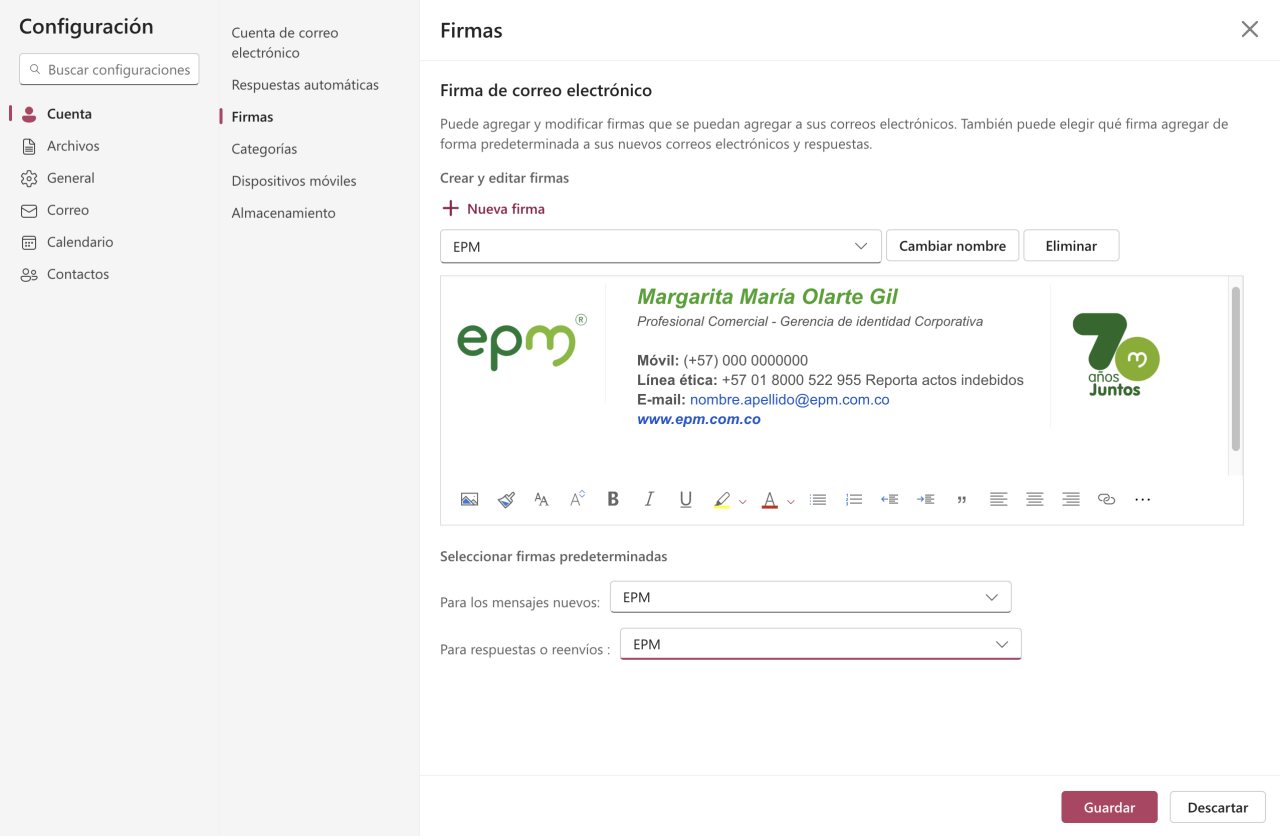 Captura de pantalla de la configuración de firma EPM