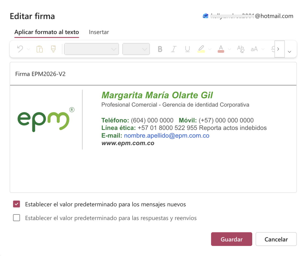 Captura de pantalla de la configuración de firma EPM