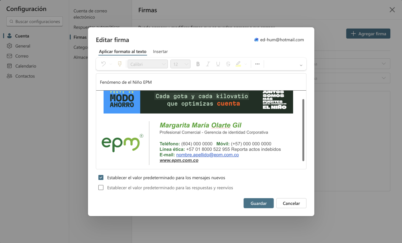 Captura de pantalla de la configuración de firma EPM