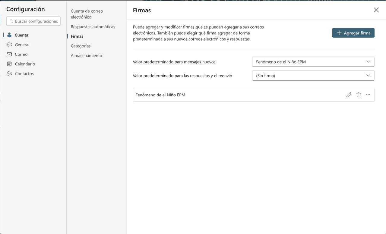 Pantalla de configuración outlook, apartado de cuenta, opción firmas