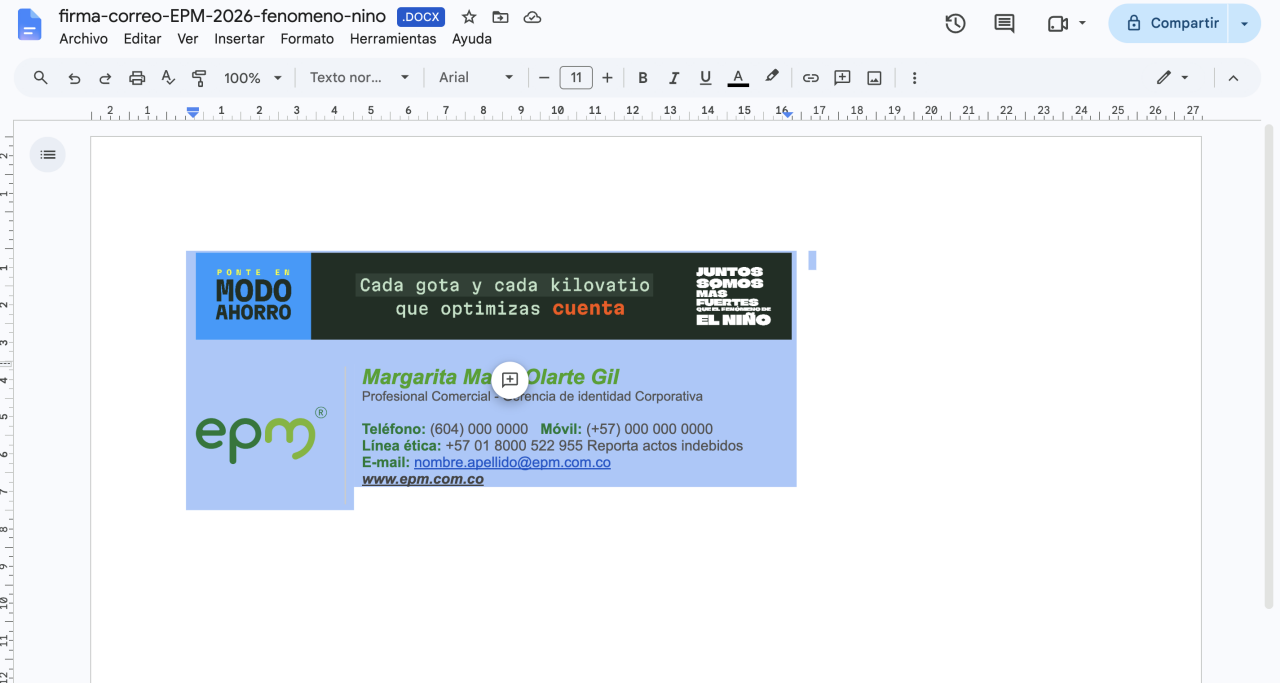 Captura de pantalla de documento de word, con la firma seleccionada para copiar