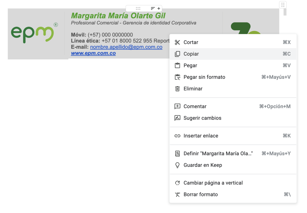 Imagen de una firma de correo electrónico con el nombre 'Margarita María Olarte Gil' y detalles de contacto. Muestra opciones de menú en Word, incluyendo la opción 'Copiar' resaltada.