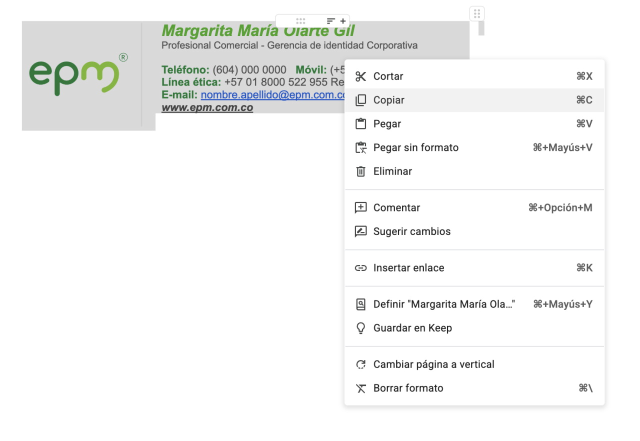 Imagen de una firma de correo electrónico . Muestra opciones de menú en Word, incluyendo la opción 'Copiar' resaltada.