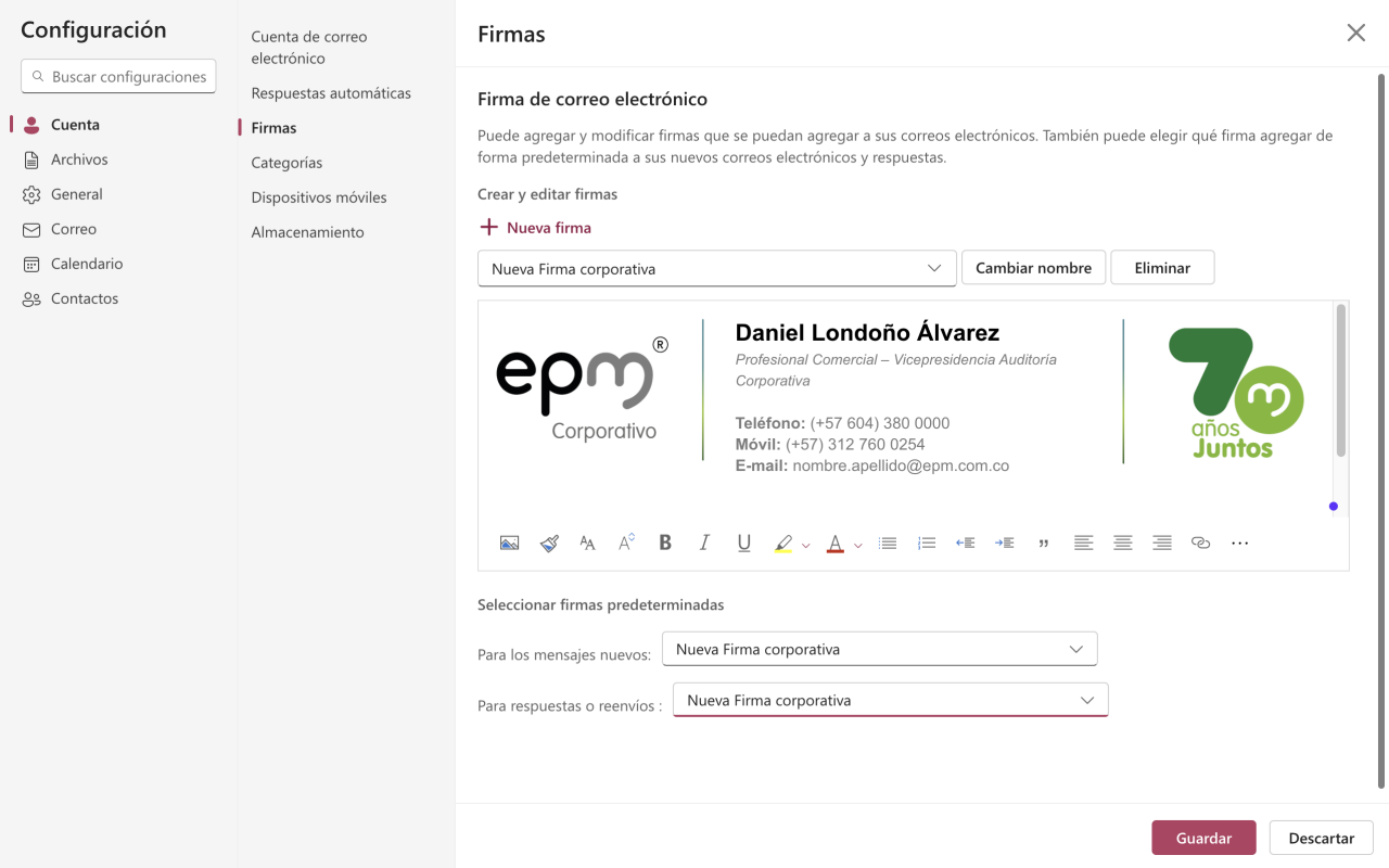 Captura de pantalla de la configuración de firma EPM