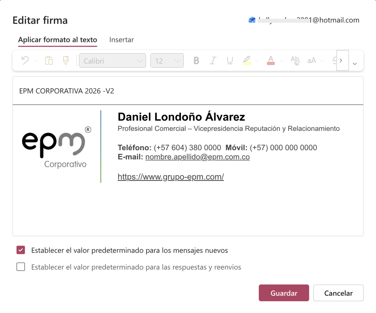 Captura de pantalla de la configuración de firma EPM