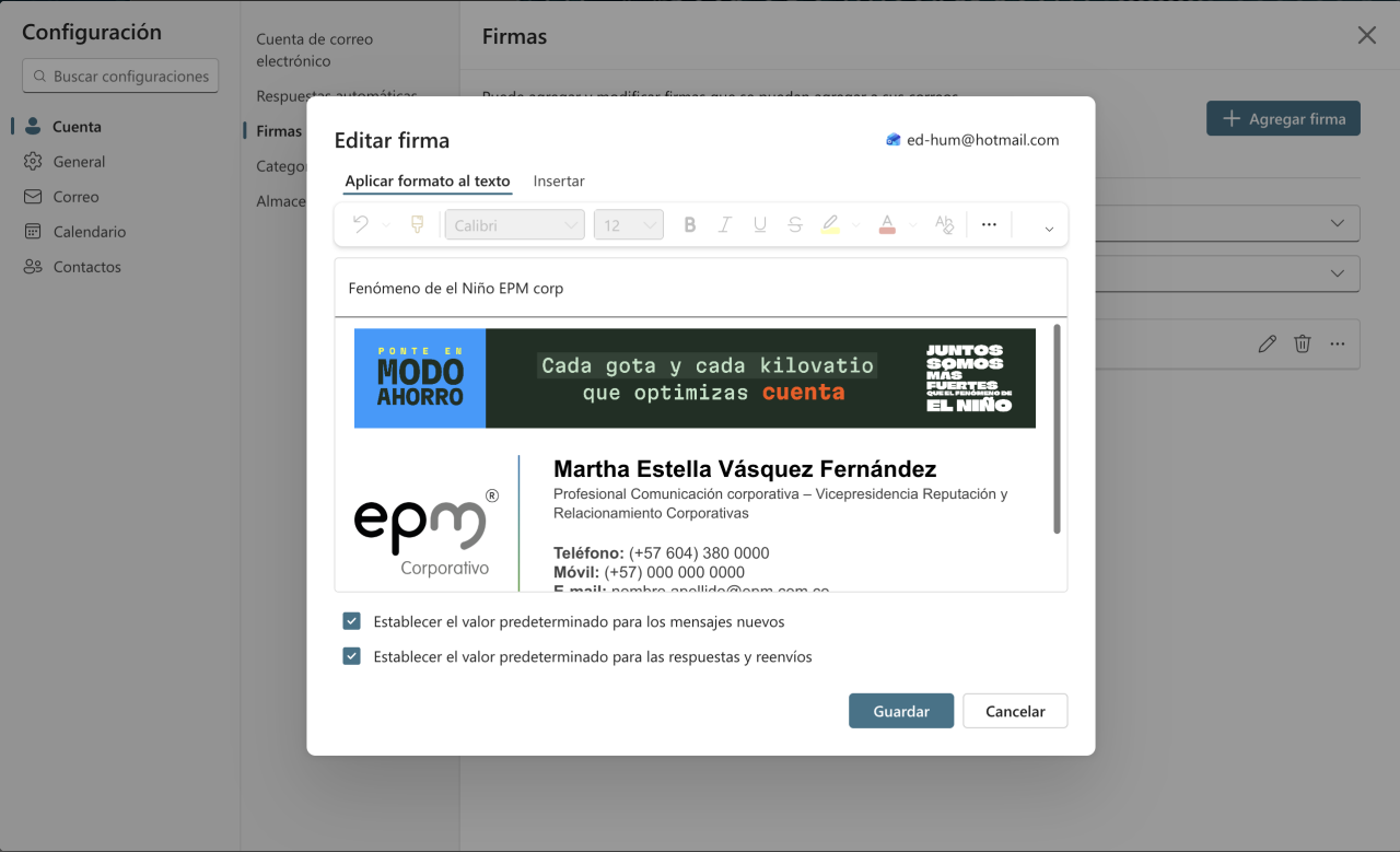 Captura de pantalla de la configuración de firma EPM corporativa