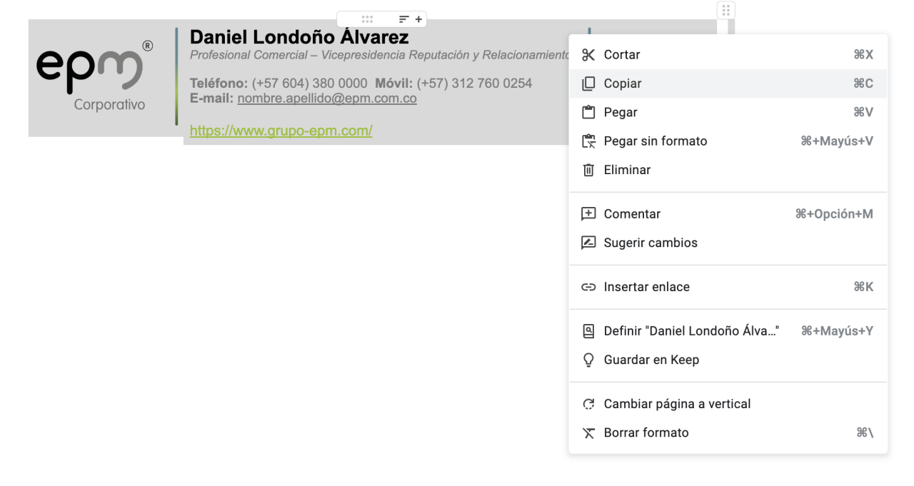 Imagen de una firma de correo electrónico con el nombre 'Margarita María Olarte Gil' y detalles de contacto. Muestra opciones de menú en Word, incluyendo la opción 'Copiar' resaltada.