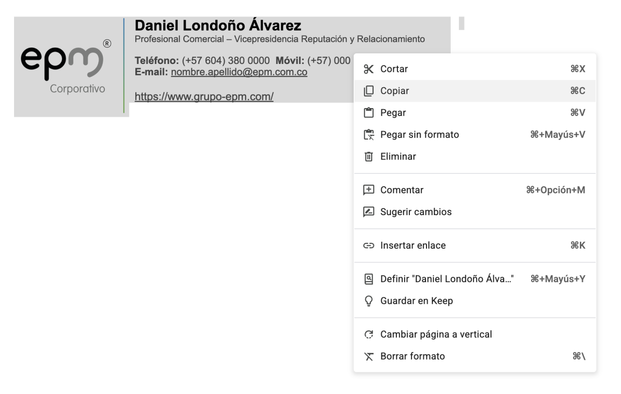 Imagen de una firma de correo electrónico. Muestra opciones de menú en Word, incluyendo la opción 'Copiar' resaltada.