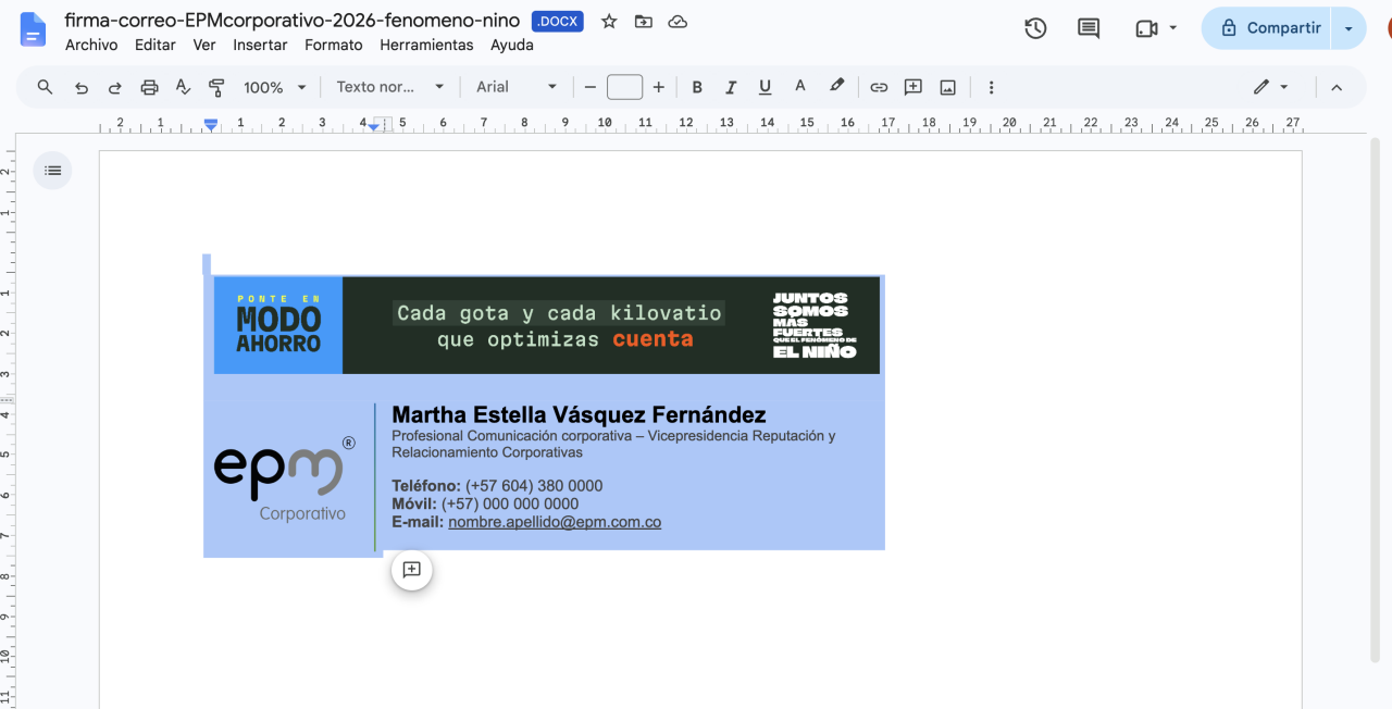 Captura de pantalla de documento de word, con la firma seleccionada para copiar