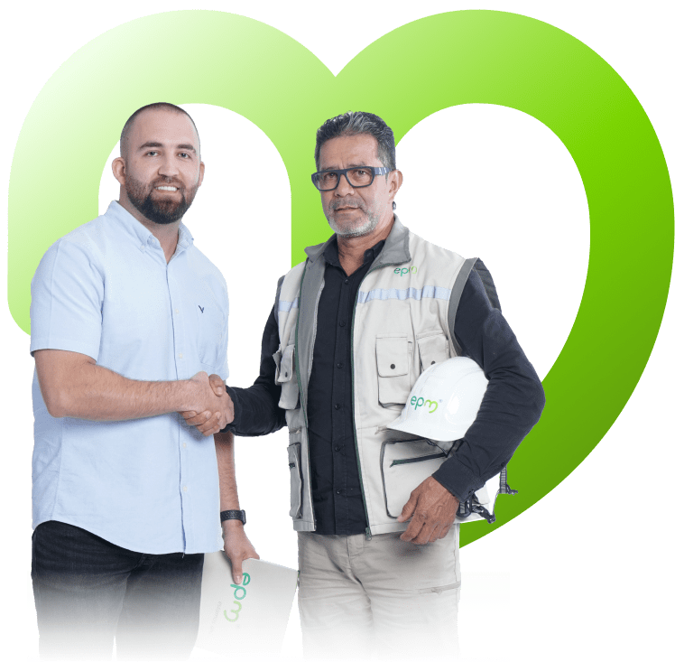 Imagen editada donde se ve a 2 trabajadores de EPM estrechando sus manos, mientras el logo de EPM está atrás 